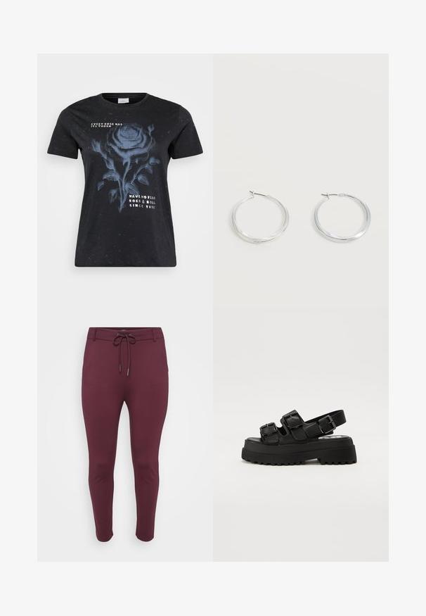 ONLY Carmakoma CARMIKO WASHED SS REG TEE JRS - Camiseta estampada - black; Pantalones elásticos burdeos con cintura ajustable, que presentan un diseño ajustado y piernas ceñidas, exhibidos sobre un fondo blanco.; Sandalias de plataforma negras con tres correas ajustables de hebilla, una suela texturizada y una parte superior suave. Diseñadas con una silueta robusta y gruesa.; Pendientes de aro de metal plateado con superficie lisa y ligeramente curvada y cierre de tipo mosquetón sobre un fondo blanco liso.