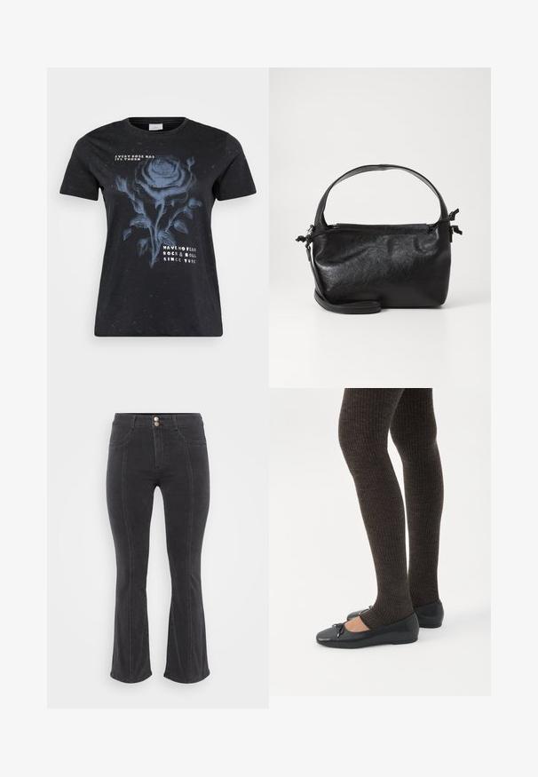 ONLY Carmakoma CARMIKO WASHED SS REG TEE JRS - Trükipildiga T-särk - black; Kõrge vöökohaga mustad flare-stiilis teksapüksid, millel on kaks esikotid ja kahekordne nööp sulgemine, sile tekstuur ja minimaalsed õmblemise detailid.; Jalad seljas tumedad soonelises soonelises kombines mustade baleriinadega, millel on väikesed paelade detailid valgel taustal.; Must mustrikujundusega must nahast käekott, ümarate pealmiste käepidemete ja eemaldatava õlalihaga. Omab siledat tekstuuri ja peent sära.
