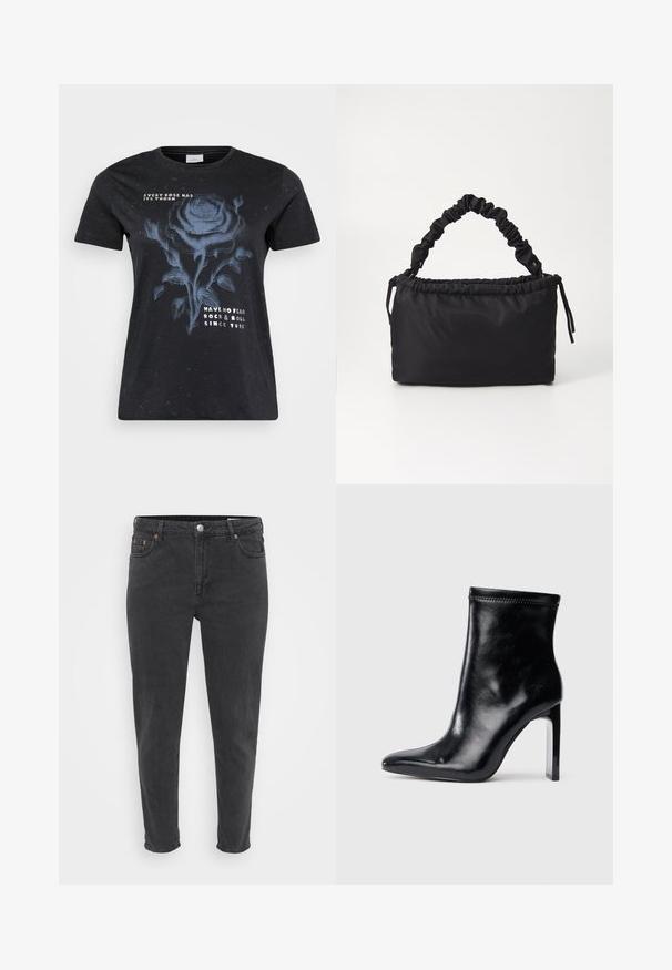 ONLY Carmakoma CARMIKO WASHED SS REG TEE JRS - T-Shirt print - black; Schmal geschnittene schwarze Jeans aus Denim mit vorderem Knopf und Reißverschluss, Gürtelschlaufen und fünf Taschen, auf einem schlichten hellen Hintergrund präsentiert.; Schwarze Lederstiefelette mit spitzem Zeh und hohem, transparentem Absatz. Glatte Oberfläche und minimales Nähdetail an der Oberseite.; Schwarze Tasche aus weichem, glattem Stoff. Verfügt über einen gerafften Griff und einen Kordelzugverschluss, hat eine rechteckige Form und keine sichtbaren Beschläge.