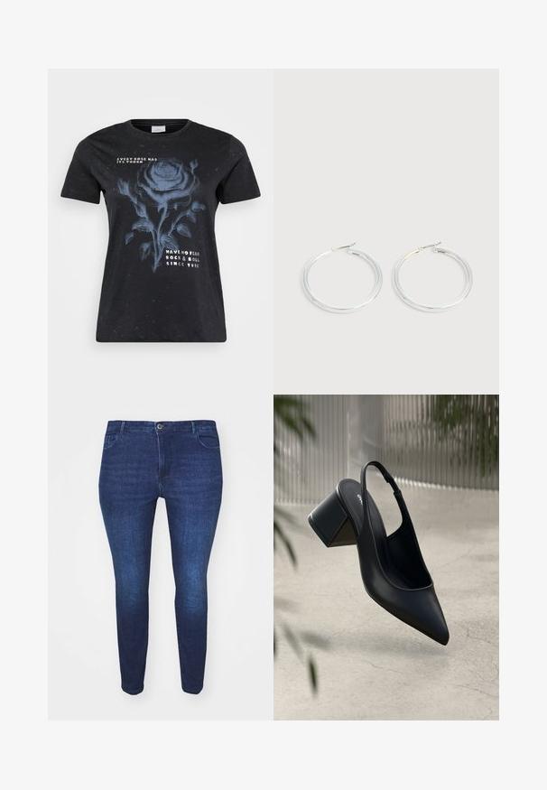 ONLY Carmakoma CARMIKO WASHED SS REG TEE JRS - T-Shirt print - black; Dunkelblaue Slim-Fit-Jeans aus Denim mit einem Frontknopf und Taschen, von der Front gegen einen weißen Hintergrund gezeigt.; Schwarze Leder-Slingback-Pumps mit spitzem Zehenbereich und Blockabsatz. Glatte Textur, minimalistisches Design und verstellbarer Knöchelriemen.; Paar glänzende silberne Creolen mit dünnen Drahtverschlüssen, dargestellt vor einem hellgrauen Hintergrund.