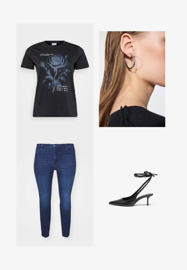 ONLY Carmakoma CARMIKO WASHED SS REG TEE JRS - T-shirts print - black; Mørkeblå slim-fit denim jeans med frontknap og lommer, vist fra forsiden mod en hvid baggrund.; Sorte læder stiletto sko med spids tå, åben bag, og ankelstropper bundet i en sløjfe. Slank 3-tommers hæl. Glat overflade, minimalistisk design.; Sølv hoop ørestik med en poleret overflade, prydet med små guld accenter og en rund form, båret på øreflippen.