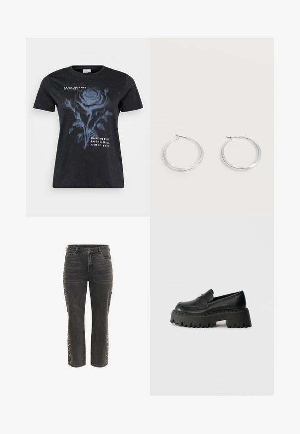 ONLY Carmakoma CARMIKO WASHED SS REG TEE JRS - T-shirts print - black; Sorte høj talje lige jeans med metalknap, forlommer og små sølvnitter langs de ydre sidesømme.; Sort læderloafer med en tyk, klodset gummisål, der har en tandet kant og en enkelt dekorativ hardwaredetalje på overdelen.; Sølvfarvede metaloorringe med glat, let buet overflade og låsemekanisme på en ensfarvet hvid baggrund.