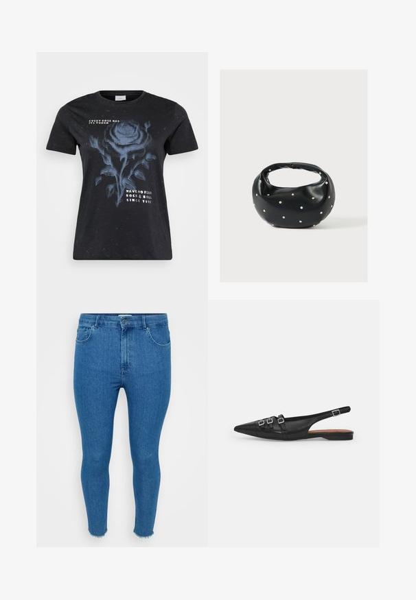 ONLY Carmakoma CARMIKO WASHED SS REG TEE JRS - Tričko s potlačou - black; Úzke modré džínsové rifle s vysokým pásom, dizajn s piatimi vreckami a neupraveným lemom. Materiál vyzerá hladký s miernym vyblednutím na stehnách.; Čierne kožené baleríny so špicatou špičkou, s dvoma horizontálnymi popruhmi a hranatými striebornými prackami, nízkym opätkom a hladkým povrchom.; Čierna kožená kabelka s zaobleným tvarom, zdobená striebornými cvočkami a krátkym rúčkou. Hladká textúra a zapínanie na zips.
