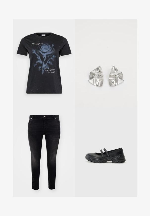 ONLY Carmakoma CARMIKO WASHED SS REG TEE JRS - T-Shirt print - black; Schwarze Jeans aus Denim mit slim-fit Schnitt, Fünf-Taschen-Design, Knopfverschluss und sanften Ausbleichungen für eine strukturierte Optik. Minimalistischer Stil, ohne sichtbare Muster.; Schwarze Leder-Mary-Jane-Schuhe mit zwei verstellbaren Riemen, einer abgerundeten Zehenpartie und einer strukturierten Gummisohle für zusätzlichen Grip.; Silberne Metallohrringe mit einem wellenförmigen, skulpturalen Design, das eine polierte Oberfläche und unregelmäßige Formen aufweist, die eine zeitgenössische Ästhetik betonen.