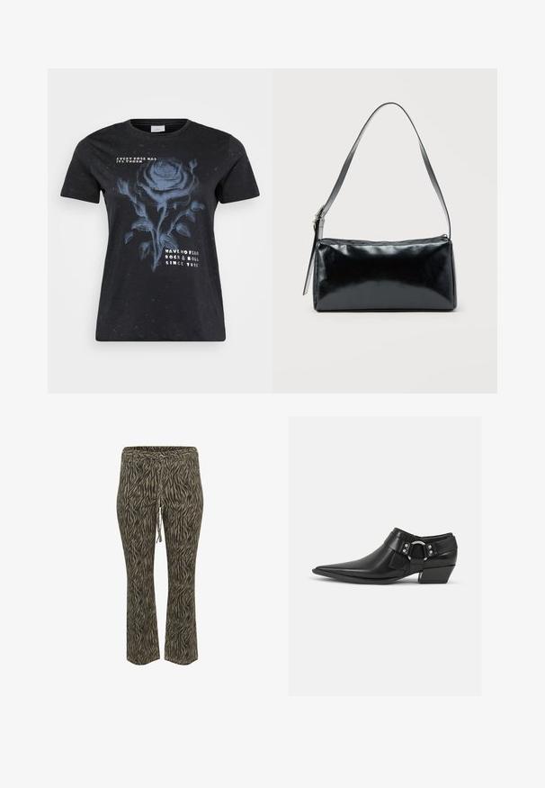 ONLY Carmakoma CARMIKO WASHED SS REG TEE JRS - T-Shirt print - black; Elastische Hose mit Kordelzug im khaki und beigefarbenen Zebra-Muster. Mittlere Leibhöhe, ausgestellte Beinform, weicher Stoff. Geeignet für Freizeitkleidung.; Schwarze Leder-Ankle-Boots mit spitzem Zeh, ausgestattet mit einem vorderen Leder-Riemen und einem silbernen Schnallendetail sowie einem niedrigen Blockabsatz.; Schwarze rechteckige Schultertasche mit einem verstellbaren Riemen und einem oberen Reißverschluss vor einfachem Hintergrund.