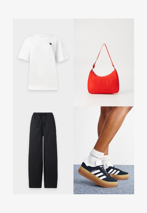 Camiseta blanca de manga corta con un pequeño gráfico negro en el área del lado izquierdo del pecho, sobre un fondo claro y liso.; Pantalones de pierna ancha negros, hechos de una tela suave, que presentan una cintura elástica con cordón y sin patrones ni acentos visibles.; Piernas con calcetines blancos y zapatillas Adidas Gazelle negras con rayas blancas y suelas marrones gruesas sobre un suelo alfombrado gris.; Bolso de mano de nylon rojo con una silueta curva, una sola correa, herrajes plateados y detalle de logo en relieve en la parte frontal. Textura suave.