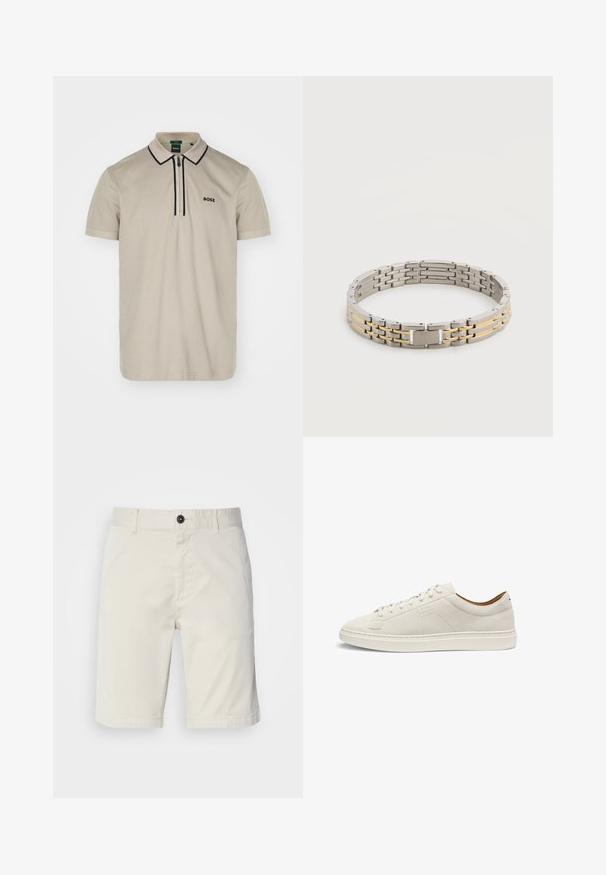 Helles beiges Poloshirt aus Baumwolle, mit einem Reißverschlusskragen und kontrastierenden dunklen Besätzen, sowie einem dezenten "BOSS"-Logo auf der linken Brust.; Helle beige Shorts aus Baumwolle, mit einem Knopfverschluss, Vordertaschen und abgestepptem Saum. Glatte Textur mit einem lässigen Design.; Beiger Wildleder-Sneaker in niedriger Ausführung mit passenden Schnürsenkeln, flacher Sohle und dezentem geprägtem "BOSS"-Logo an der Seite, seitliche Ansicht.; Armband aus silber- und goldfarbenen Metallgliedern mit einem rechteckigen Verschluss, auf dem auf weißem Hintergrund ein Markenname eingraviert ist.