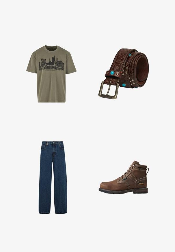 Camiseta de algodón verde oliva con un gráfico de un skyline negro y el texto "Flatbush Ave Brooklyn NYC." Mangas cortas, cuello redondo.; Vaqueros de mezclilla en azul oscuro, con un corte de pierna ancha, diseño de cinco bolsillos y un cierre clásico de botón con cremallera de metal.; Bota de trabajo marrón de cuero con cordones, puntera de acero, etiqueta impermeable, cuello acolchado en el tobillo y logo Ariat Work en el talón.; Cinturón de cuero marrón con patrón floral en relieve, hebilla plateada grabada con "Superdry" y adornos de tachuelas turquesa y plateadas.