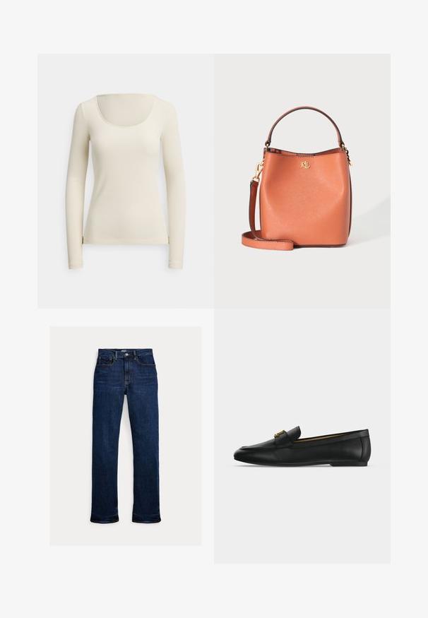 Haut à manches longues côtelé couleur crème, avec un large col en forme de décolleté, une texture douce, une silhouette ajustée et des fentes latérales à l'ourlet.; Jean droit en denim bleu foncé avec bouton et fermeture éclair à l'avant, design à cinq poches et coutures visibles.; Chaussure mocassin en cuir noir avec un détail boucle en métal doré sur le dessus, semelle plate et couture le long du bord supérieur.; Sac seau en cuir marron avec poignée supérieure, bandoulière amovible et petit logo RL doré au centre avant.