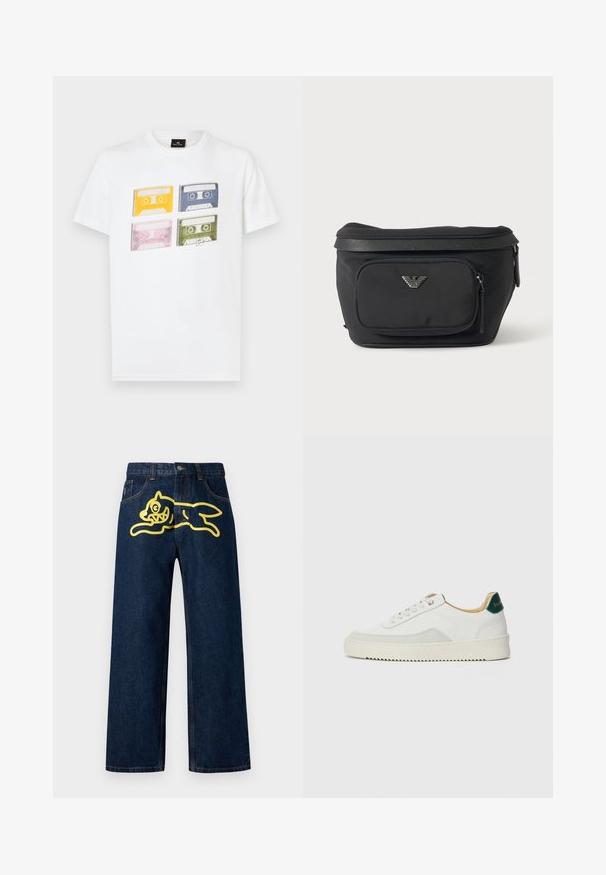 Hvid bomulds t-shirt med fire farvede kassettebånd (gul, blå, pink, grøn) med distinkte retrodesigns og etiketter trykt foran.; Mørkeblå denim jeans med et stort gult grafisk motiv af en springende karakter på baglommen. Lige ben design med standard syninger.; Hvide sneakers med ruskindsdetaljer, rund tå, flade snørebånd og en cremet gummisål. Har grøn branding på hælen.; Sort bæltetaske med frontlynlåslomme og sølv ørn-logo, glat stof med tekstureret kant og lynlåstræk.