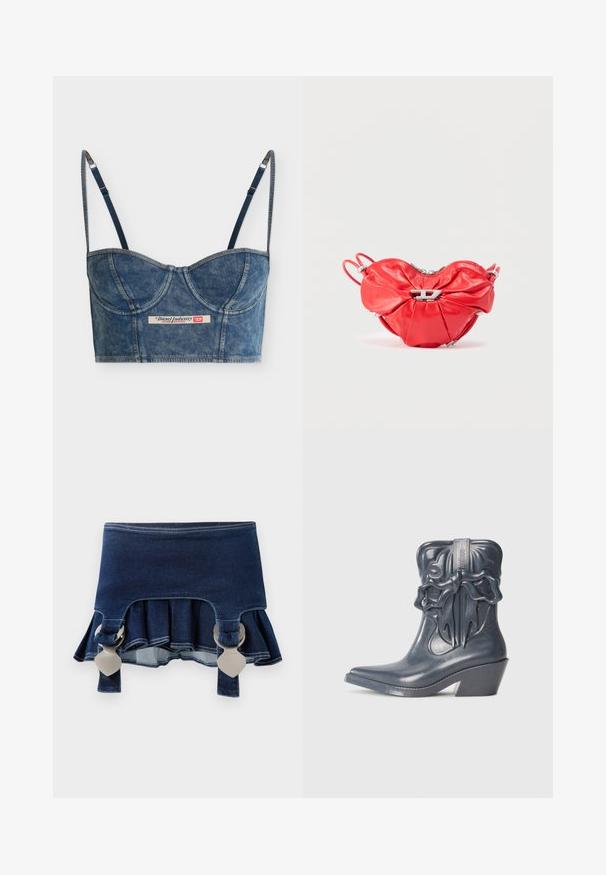 Denimblå cropped bustier top med justerbare tynde stropper, bægerdetaljer og et Diesel Industry-mærke foran i midten.; Denimnederdel med en udvidet bund. Har to justerbare grå spænder, mørkeblå farve og kontrasterende syninger langs kanten.; Grå, blank ankelstøvle med spids tå, dekorativ sløjfedetail og buet blokhæl; har tekstureret design på overdelen.; Rød læderhåndtaske med hjerteform, samlet design, sølvlynlås og en fremtrædende metal logoaccent foran.