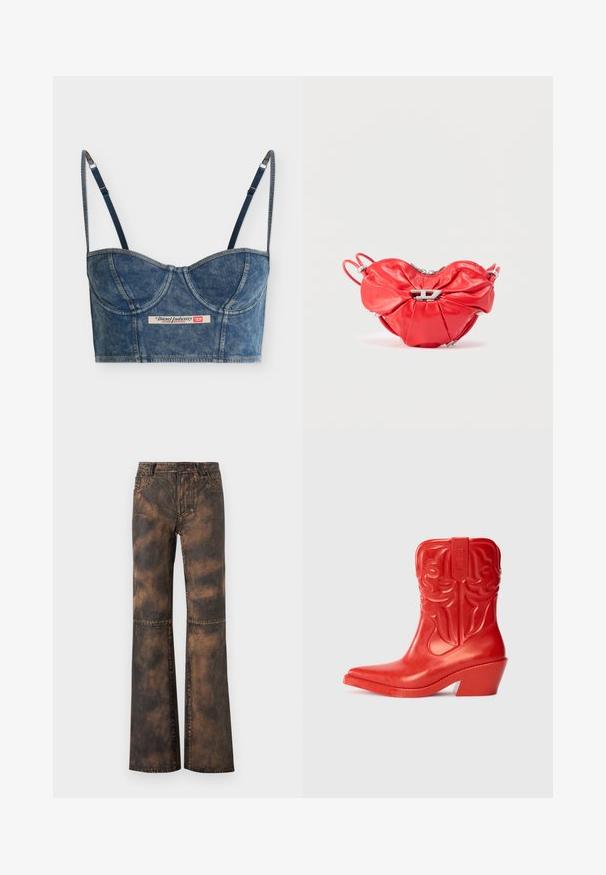 Denimblå cropped bustier top med justerbare tynde stropper, bægerdetaljer og et Diesel Industry-mærke foran i midten.; Brune denim bukser med vidde og en falmet, struktureret finish. Har fem lommer, bæltestropper og knaplukning. Flade sømme og vide ben.; Rød cowboystøvle med en høj, udvidet hæl. Lavet af blankt materiale med prægede western-inspirerede mønstre på skaftet. Spidse tåform.; Rød læderhåndtaske med hjerteform, samlet design, sølvlynlås og en fremtrædende metal logoaccent foran.