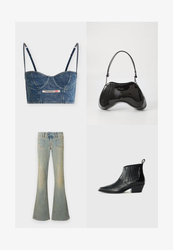 Denimblaues, kurzes Bustier-Top mit verstellbaren dünnen Trägern, Cup-Details und einem Diesel Industry-Label vorne in der Mitte.; Ausgestellte blaue Jeans aus Denim mit einem verwaschenen Finish, zwei vorderen Taschen, zwei hinteren Taschen und einem Doppelknopfverschluss an der Taille.; Schwarze Leder-Ankle-Boots mit spitzer Zehe, gequiltetem Seitenpanel und niedrigem Blockabsatz. Dezentes Branding an der Seite.; Schwarze Handtasche aus lackiertem Leder mit einer einzigartigen, geschwungenen Form, kurzem verstellbarem Griff und einem Reißverschluss oben. Glatte Textur mit dezentem Branding.