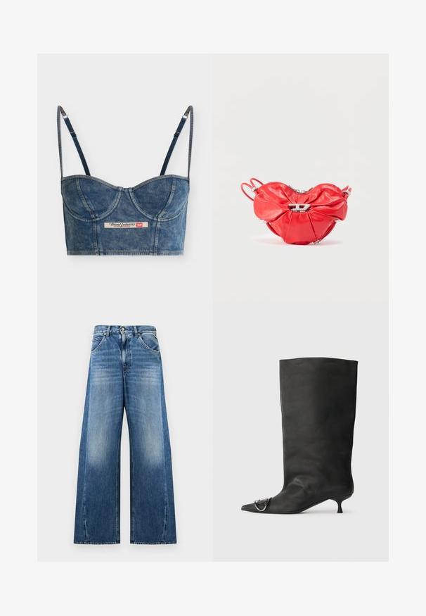 Bustier court bleu denim avec bretelles fines réglables, détails sur les bonnets et une étiquette Diesel Industry au centre devant.; Jean en denim bleu à jambes larges avec taille haute, zones avant des cuisses décolorées, poches avant, fermeture par boutons et passants de ceinture sur fond blanc.; Bottines en cuir noir à bout pointu, petite talon et détail métallique sur le bout. Texture lisse et mate partout.; Sac à main en cuir rouge en forme de cœur, design froncé, fermeture éclair argentée et grand logo métallique en avant.