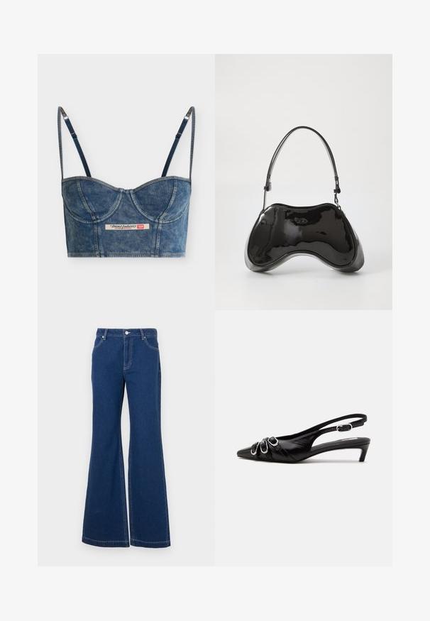 Denimblå cropped bustier top med justerbare tynde stropper, bægerdetaljer og et Diesel Industry-mærke foran i midten.; Mørkeblå sænkede jeans lavet af denim. Funktioner inkluderer bæltesløjfer, forreste lommer og kontraststing. Bred benåbning.; Sort læder slingback sko med spids tå, tre sølvspænder på forsiden og lav lille hæl på hvid baggrund.; Sort patentlæder håndtaske med en unik buet form, kort justerbar hank og en lynlåslukning i toppen. Glat tekstur med diskret branding.