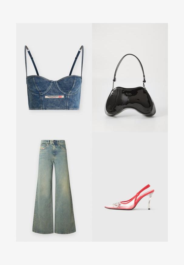 Bustier court bleu denim avec bretelles fines réglables, détails sur les bonnets et une étiquette Diesel Industry au centre devant.; Jeans larges bleu clair à taille haute, avec un design classique à cinq poches et un léger délavage. Texture en denim, finition unie.; Escarpins rouges à bride arrière avec tige transparente, bout pointu et talon stiletto métallique. Bride ajustable avec accent de logo.; Sac à main en cuir verni noir avec une forme incurvée unique, une anse courte et ajustable, et une fermeture zippée. Texture lisse avec un branding discret.