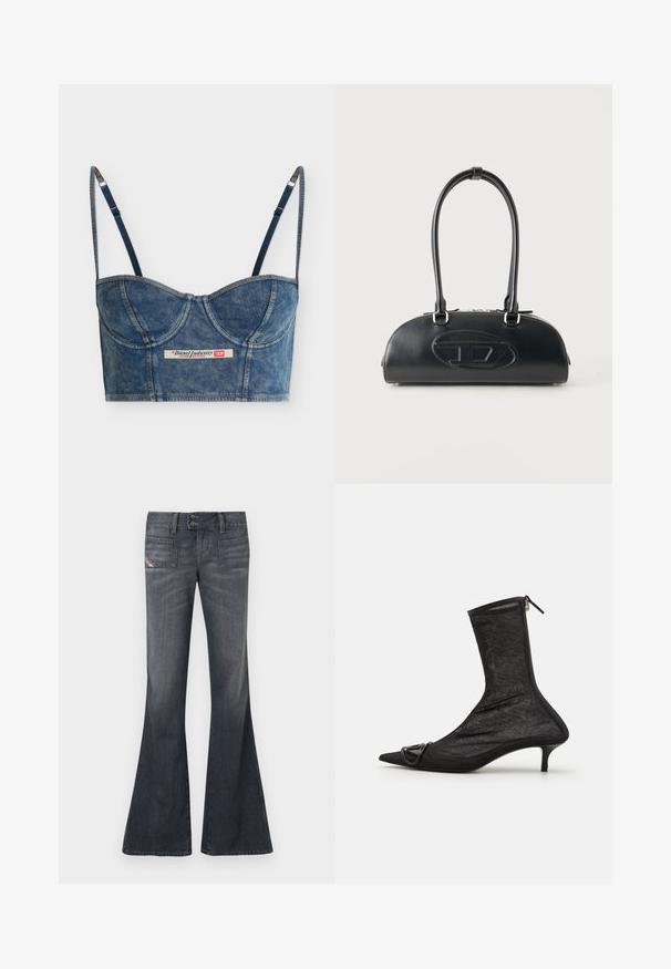 Τζιν μπλε cropped bustier τοπ με ρυθμιζόμενους λεπτούς ιμάντες, λεπτομέρειες στα cups και ετικέτα Diesel Industry στο κέντρο μπροστά.; Σκούρο γκρι τζιν με καμπάνα, διπλό κούμπωμα με κουμπί, εμπρόσθιες τσέπες με φόδρα και διακριτική ξεθωριάση στους μηρούς και στα γόνατα.; Μαύρο πλέγμα μποτάκι μέχρι τον αστράγαλο με μυτερή μύτη, κλείσιμο με φερμουάρ και μικρό τακούνι. Περιλαμβάνει μια διακοσμητική αγκράφα κοντά στην περιοχή της μύτης.; Μαύρη δερμάτινη τσάντα με μακριές διπλές λαβές και ανάγλυφο οβάλ λογότυπο στο εμπρόσθιο μέρος, εμφανίζεται σε απλό φωτεινό φόντο.