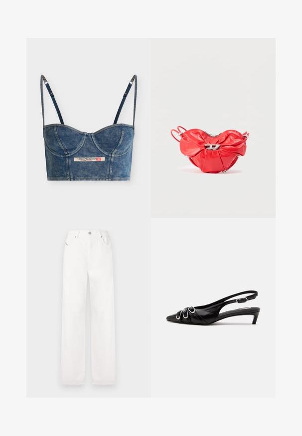 Denimblaues, kurzes Bustier-Top mit verstellbaren dünnen Trägern, Cup-Details und einem Diesel Industry-Label vorne in der Mitte.; Weiße Baumwolle-Weitbein-Hosen mit klassischem Fünf-Taschen-Design und Metallknopfverschluss, ausgestattet mit dezenten Stickdetails.; Schwarzer Lederslingback mit spitzer Spitze, drei silbernen Schnallen vorne und niedrigem Kittenabsatz auf weißem Hintergrund.; Rote Lederhandtasche in Herzform mit gerafftem Design, silbernem Reißverschluss und einem auffälligen metallischen Logo-Akzent auf der Vorderseite.