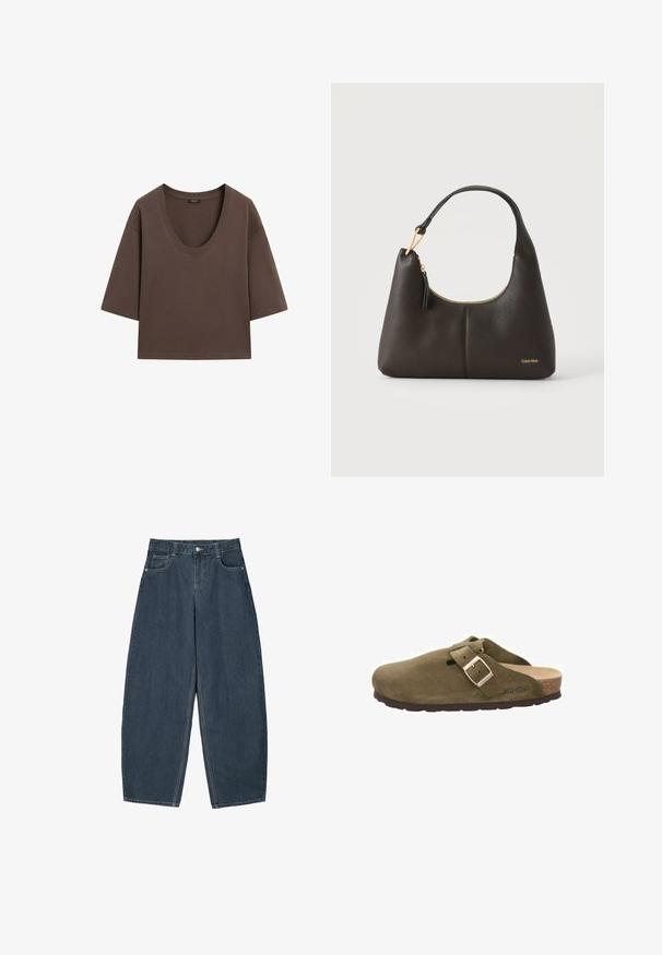 Brun kortærmet croppet t-shirt med bred rund halsudskæring og afslappet pasform på en hvid baggrund.; Mørkeblå denim buede bukser med høj talje, som har fem lommer og synlige stingdetaljer. Ren, minimalistik design.; Grøn ruskindsklump med en bred rem og metalspænde, korksål og gummiydersål. Har et lille ventilationshul på overdelen.; Sort læder skuldertaske fra Calvin Klein med guldfarvet lynlås og håndtagsring, vist mod en ensfarvet lys baggrund.