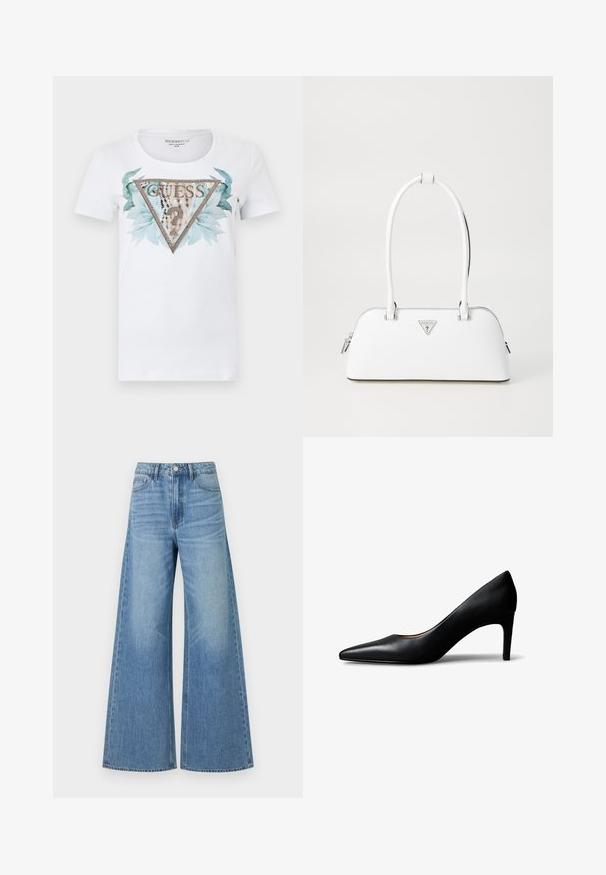Wit shirt met korte mouwen en een groot driehoekig GUESS-logo, versierd met kleine studs, blauwgroene bladeren en een vraagteken met luipaardprint erin.; Lichtblauwe, hoge taille, wijde jeans met knoop- en ritssluiting, voorzakken en subtiele vervaging op de dijen.; Zwarte leren vrouwenschoen met puntige neus en hak van gemiddelde hoogte, zijaanzicht op een witte achtergrond.; Witte leren handtas met een gebogen vorm, voorzien van een zilveren driehoekig logo en ritssluiting. Gladde textuur en dubbele handvaten.