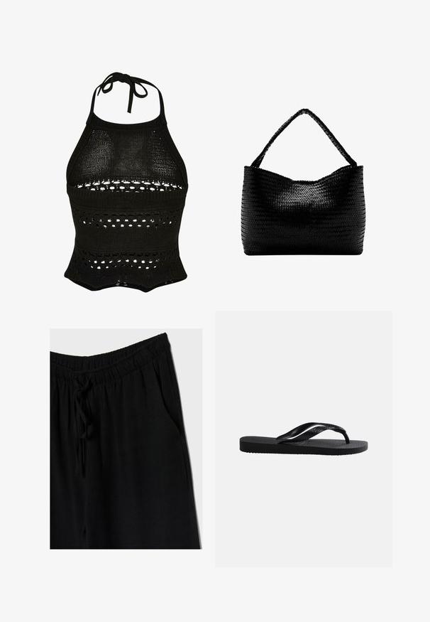 Černý pletený halter top s prodyšnou otvorenou tkaninou, zvlněným lemem a designem na zavazování za krkem, s vzorovanými horizontálními výřezy.; Černé kalhoty s elastickým pasem a stahovací šňůrkou, které mají volný střih a boční kapsy. Materiál působí měkce a lehce.; Černá gumová žabky s texturovanou stélkou a hladkým Y-tvarovaným páskem na jednoduchém světlém pozadí.; Černá pletená kabelka s jedním zapleteným uchem, obdélníkového tvaru a lesklým texturovaným povrchem.