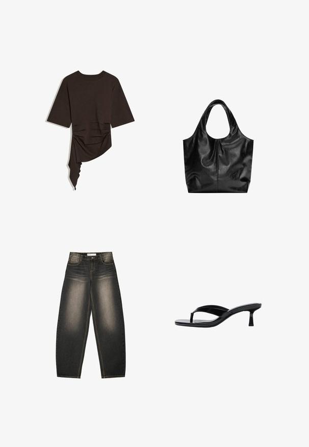 Haut à manches courtes de couleur marron foncé avec encolure ronde et ourlet drapé asymétrique sur un côté.; Jeans en denim gris à jambes larges avec un léger délavage, cinq poches, des coutures en contraste et une coupe décontractée. Pas de motifs ou d'embellissements visibles.; Sandale à talon en cuir verni noir avec une bride entre les orteils et un talon mince de hauteur moyenne, vue de profil sur fond blanc.; Sac fourre-tout en cuir noir avec une texture lisse, un haut arrondi doux et de larges poignées. Présente une couture minimale et une silhouette décontractée.