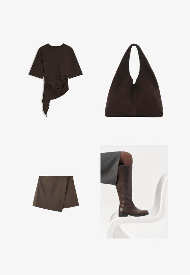 Haut à manches courtes de couleur marron foncé avec encolure ronde et ourlet drapé asymétrique sur un côté.; Mini-jupe cache-cœur asymétrique marron en tissu lisse, avec un panneau avant chevauchant la couche de base.; Botte en cuir marron à hauteur de genou avec un bout arrondi, texture lisse et détails de couture minimalistes, placée sur un fond clair sur une chaise blanche.; Sac à bandoulière triangulaire marron foncé doux avec une poignée large unique en haut et une texture de surface lisse.