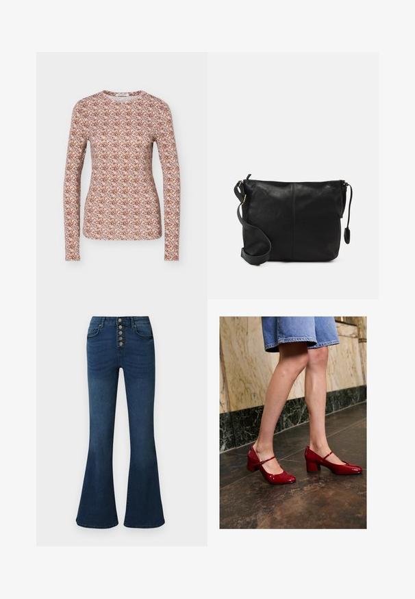 Strak aansluitend topje met lange mouwen en een ronde halslijn, met een herhalend geometrisch patroon in bruine, roze en lichtblauwe tinten.; Donkerblauwe denim flared jeans met een hoge taille en een sluiting met vijf knopen aan de voorkant. Soepele textuur met subtiele vervaging en stiksel details.; Persoon in glanzende rode Mary Jane blokhakken en een blauwe denim rok, staand op een donker betegelde vloer nabij een marmeren wand.; Zwarte leren schoudertas met een platte vorm, gouden hardware-accenten en een verstelbare schouderband. Gladde textuur met minimale stikdetails.