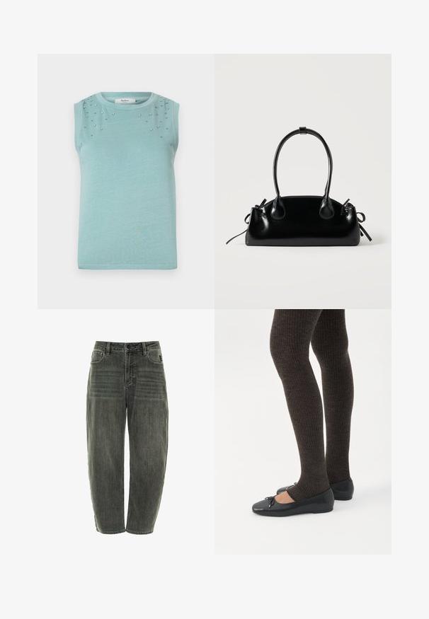 Lyseblå ærmeløs top med dekorative sølvstuds nær halsudskæringen, præsenteret mod en ensfarvet hvid baggrund.; Mørkegrå denimjeans med en afslappet pasform, der har fem lommer, knaplukning og diskret fading forann og bagpå.; Ben iført mørke ribbede leggings kombineret med sorte balletsko med små sløjfedetaljer på hvid baggrund.; Lille sort blank håndtaske med to lange håndtag og snøre-detaljer i siden på en ensfarvet lys baggrund.