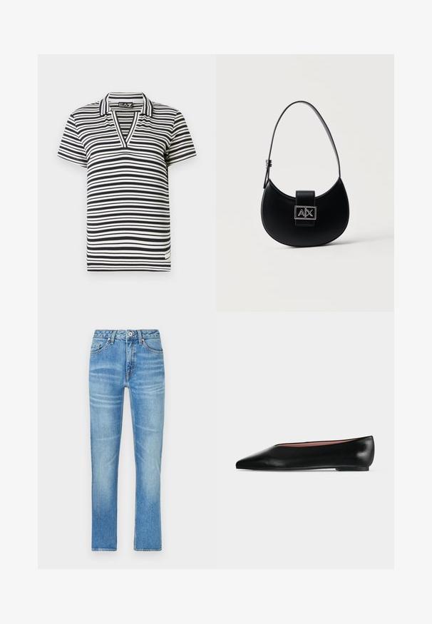 Zwart-wit gestreepte korte mouwen polo shirt met een V-hals, geribbeld textuur en merklabel aan de zijkant van de zoom.; Lichtblauwe denim jeans met een rechte pijp, voorzien van voorzakken, een knoopsluiting en subtiele vervaging over de stof.; Zwarte leren damesschoen met platte zool, puntige neus en lage hak, zijwaarts afgebeeld tegen een effen lichtgrijze achtergrond.; Zwart handtas in de vorm van een halve maan met een enkele verstelbare band en een zilveren A|X-logo sluiting op de voorsflap.