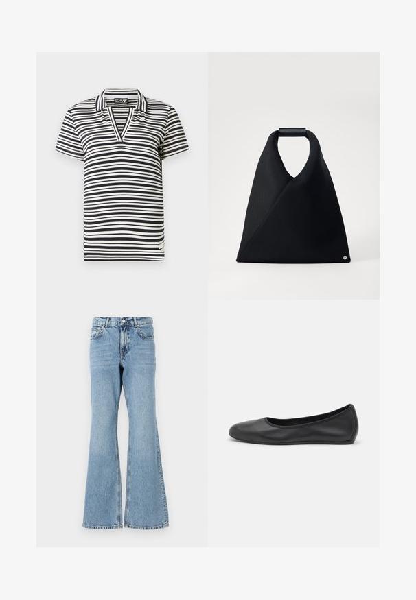 Sort og hvid stribet kortærmet polo med V-hals, ribbet tekstur og mærke på sidekanten.; Lys blå denim flared jeans med høj talje, featuring knaplukning, fem lommer og en falmet vask med subtile whiskers.; Sort læderballetsko med rund tå, glat tekstur, minimal syning og et fleksibelt såldesign.; Sort tote bag med en trekantet form, lavet af tekstureret stof, med et rundet håndtag og en lille detalje nederst.