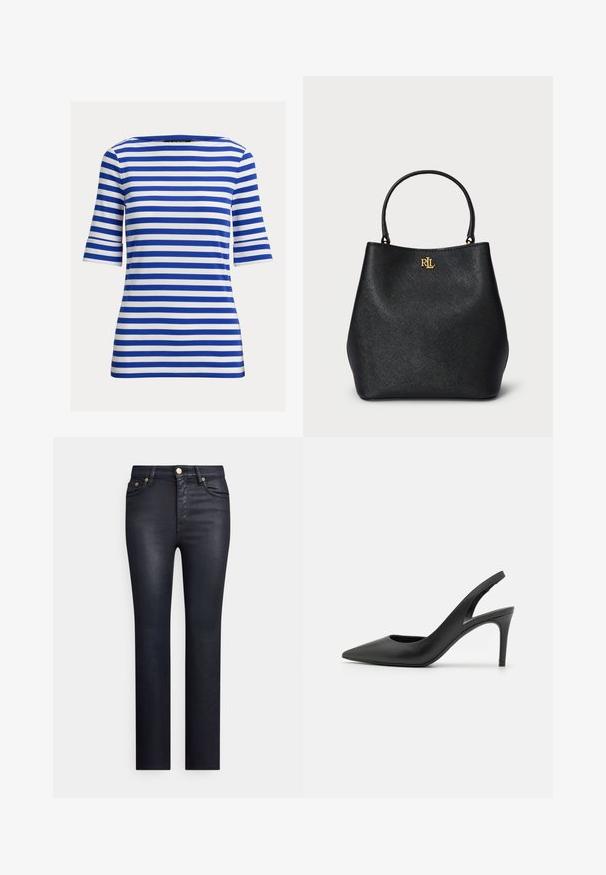 T-shirt rayé bleu et blanc avec encolure bateau, manches courtes et coupe ajustée, fabriqué en tissu mélange de coton.; Jean en denim bleu foncé avec une coupe droite, style cinq poches, fermeture par bouton en métal, et légère décoloration à l'avant pour ajouter de la texture.; Escarpins à talon aiguille en cuir noir, avec un design à bout pointu, présentant une découpure à l'avant et un talon fin.; Sac fourre-tout en simili cuir noir avec une finition texturée, une forme incurvée et un logo doré à l'avant. Il dispose de deux poignées robustes.