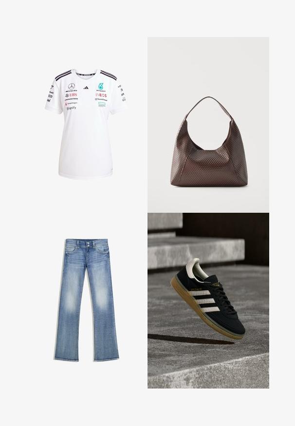 Weißes Sport-T-Shirt mit kurzen Ärmeln und Rundhalsausschnitt, mit schwarzen Streifen an den Schultern und mehreren auf der Vorderseite aufgedruckten Sponsor-Logos.; Hellblaue Bootcut-Jeans mit ausgewaschener Optik, fünf Taschen, Gürtelschlaufen und doppeltem Knopfverschluss, flach auf weißem Hintergrund liegend.; Schwarzer Sneaker aus Wildleder mit weißen Streifen und goldenem Logo, ausgestattet mit einer strukturierten Gummisohle in Kaugummifarben und einer kontrastierenden cremefarbenen Fersenschlaufe.; Braune gewebte Lederschultertasche mit einem einzelnen breiten Riemen und einem lockeren, halbmondförmigen Körper.