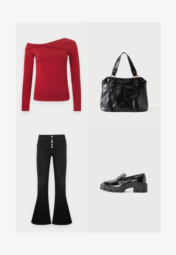Rød top med lange ærmer og asymmetrisk design, der sidder skævt over skuldrene. Lavet af et blødt, elastisk materiale med en glat tekstur.; Sorte jeans med flare og høj talje, fem-knaps lukning, blød denimbeklædning og diskrete syningsdetaljer på lommer og syninger.; Sorte patenterede læder loafers med en chunky sort platformsål, udsmykket med metalliske nitter på forfoden og et rundt tådesign.; Sort læder skuldertaske med dobbelte stropper fastgjort med gyldne ringe og nitter, glat og let skinnende overflade, enkelt design.