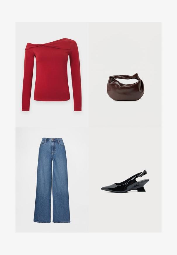 Rød top med lange ærmer og asymmetrisk design, der sidder skævt over skuldrene. Lavet af et blødt, elastisk materiale med en glat tekstur.; Vidbenede jeans i mediumblåt denim, med høj talje, bæltestropper og knaplukning. Glat tekstur med få syningsdetaljer.; Sort laklæder slingback sko med spids tå og lav vinklet blokhæl på ensartet lys baggrund.; Mørkebrun læder skuldertaske med en blød, afslappet form og et snoet knudehåndtag på en ensartet hvid baggrund.
