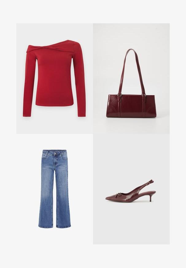 Rød top med lange ærmer og asymmetrisk design, der sidder skævt over skuldrene. Lavet af et blødt, elastisk materiale med en glat tekstur.; My Essential Wardrobe MWLOUIS HIGH WIDE - Jeans Straight Leg - medium blue wash; Bordeaux læder slingback hæl med spidse tå, justerbar rem og dekorativ sløjfedetalje foran. 7,5 cm hælhøjde.; Bordeaux håndtaske lavet af glansfuldt materiale, rektangulær form, med to skulderremme og subtile buede detaljer på forsiden.