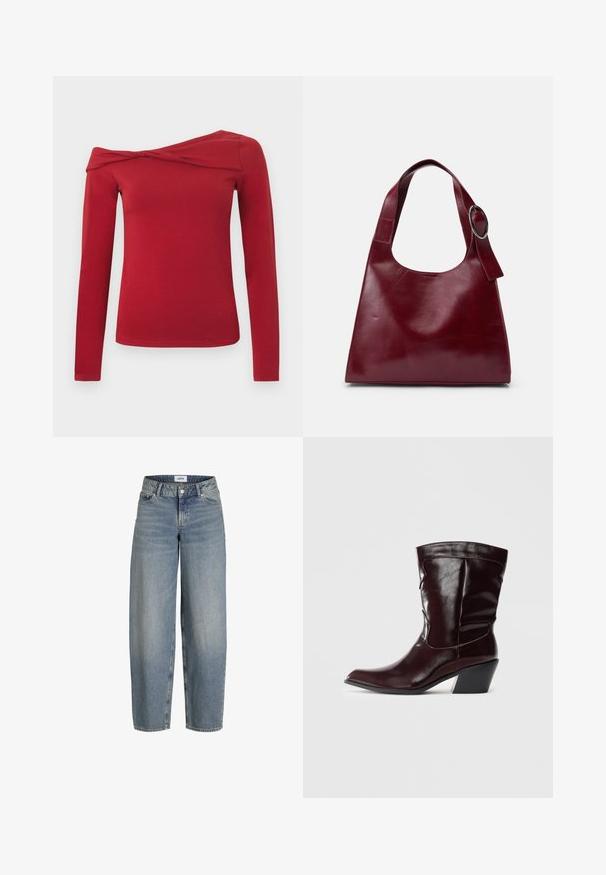 Rød top med lange ærmer og asymmetrisk design, der sidder skævt over skuldrene. Lavet af et blødt, elastisk materiale med en glat tekstur.; Lyseblå, løstsiddende jeans med høj talje, lavet af denimstof. Har fem lommer og en traditionel lukning med knap og lynlås.; Bordeaux læder ankelstøvler med spids tå, tekstureret overflade og en lav, taperet hæl. Har diskrete søm og en tætsiddende pasform.; Bordeaux læder tote taske med en blød, glat tekstur, der har en bred skulderrem og en metalring som accent. Minimalistisk design.