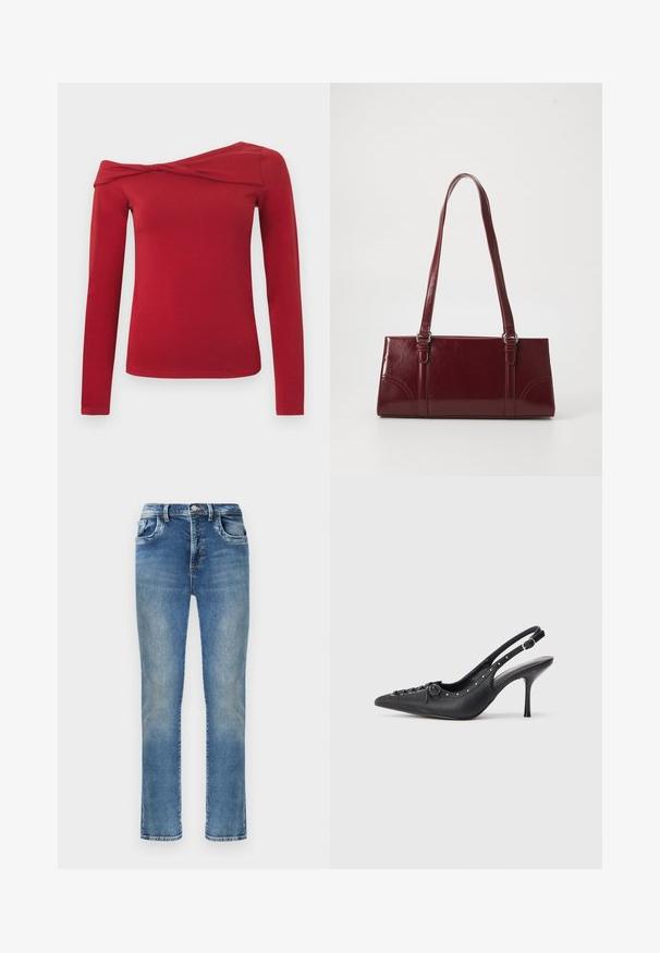 Haut rouge à manches longues avec un design asymétrique décolleté épaule. Confectionné dans un matériau doux et extensible avec une texture lisse.; Jean en denim bleu à coupe droite avec une décoloration usée, bouton avant, braguette zippée, passants pour ceinture et design classique à cinq poches.; Escarpin en cuir noir à talon aiguille avec un bout pointu, une bride latérale à boucle, des clous le long du bord et un laçage décoratif à l'avant.; Sac à main bordeaux en matériau brillant, de forme rectangulaire, avec deux anses et des accents légèrement courbés à l'avant.