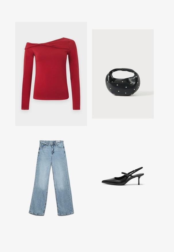 Rød top med lange ærmer og asymmetrisk design, der sidder skævt over skuldrene. Lavet af et blødt, elastisk materiale med en glat tekstur.; Lyseblå højtaljede jeans med vide ben, knap- og lynlås-lukning, for- og baglommer samt bæltestropper.; Sorte læder slingback hæle med spids tå, slank justerbar rem og en stiletto hæl på cirka 5 cm, glat tekstur.; Sort læderhåndtaske med en rundet form, dekoreret med sølvnitter, og et kort håndtag. Glat tekstur og lynlåslukning.