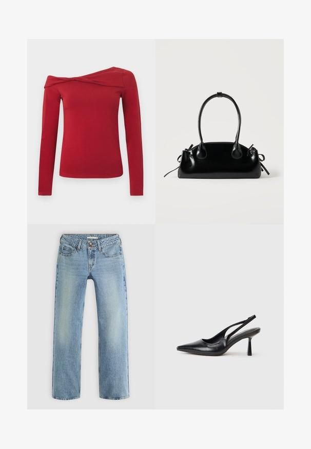 Langärmliges rotes Oberteil mit asymmetrischem, schulterfreiem Design. Hergestellt aus einem weichen, elastischen Material mit glatter Textur.; Hellblaue gerade geschnittene Jeans aus Denim, mit Knopfverschluss, fünf Taschen und subtiler Ausbleichung entlang der Beine.; Schwarzer Leder Slingback High Heel Schuh mit spitzer Zehenpartie und schmalem Absatz auf einem weißen Hintergrund.; Kleine schwarze glänzende Handtasche mit zwei langen Griffen und seitlichen Kordelzug-Details vor einfachem hellem Hintergrund.