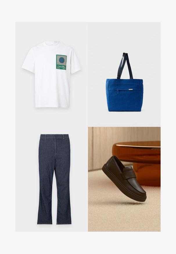 T-shirt en coton blanc à manches courtes, avec un motif graphique vert et bleu sur la poche, comprenant des rayures et un motif circulaire.; Jean en denim bleu foncé avec une coupe droite, doté d'une fermeture par bouton et de surpiqûres blanches contrastantes sur les poches et les coutures.; Une chaussure mocassin en cuir marron foncé flottant au-dessus d'un tapis crème avec une table ronde orange en arrière-plan.; Sac fourre-tout en toile bleue avec une poche zippée à l'avant, des doubles bretelles et une forme rectangulaire. Dispose d'une étiquette de marque discrète.