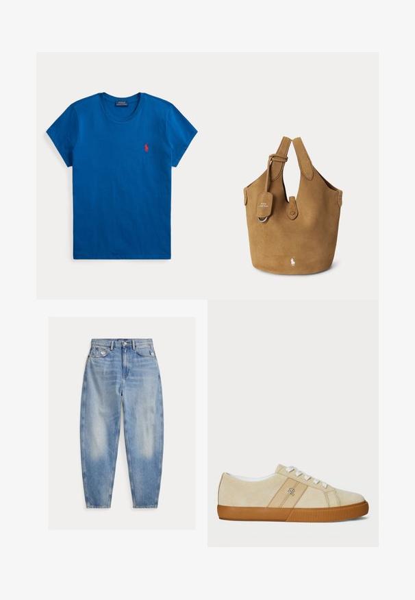 Modré tričko s krátkym rukávom a okrúhlym výstrihom s malým červeným logom Polo Ralph Lauren vyšívaným na ľavej strane hrudníka.; Svetlomodré džínsy s vysokým pásom, mierne vyblednuté a opotrebované pri predných vreckách, päť vrecový štýl a zužujúce sa nohavice.; Béžové semišové tenisky s bielymi šnúrkami a gumovou podrážkou. Majú logo na boku a hladký povrch. Klasický nízky dizajn.; Hnedá semišová taška typu tote s dvojitými rukoväťami, malou štítkou, zapínaním na gombík a bielym logom Polo Ralph Lauren na prednej strane.