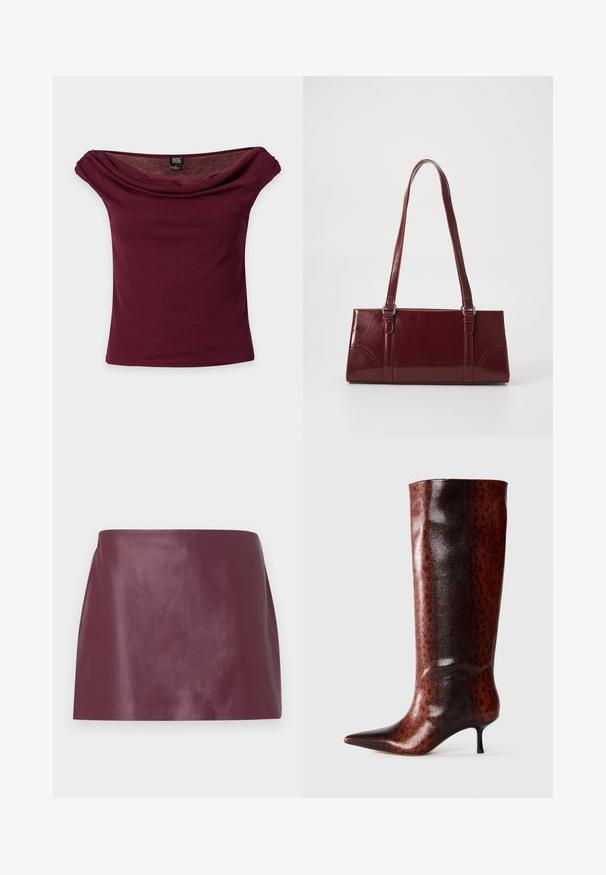 Bourgogne off-shoulder top med korte ærmer, draperet halsudskæring og BDG mærke på ensfarvet baggrund.; Miniskirt i glat burgunderlæder med lige snit og uden synlige dekorationer eller lukninger.; Brune faux læder knæhøje støvler med spids tå, der har et struktureret leopardmønster og en slank, sort kittenhæl.; Bordeaux håndtaske lavet af glansfuldt materiale, rektangulær form, med to skulderremme og subtile buede detaljer på forsiden.