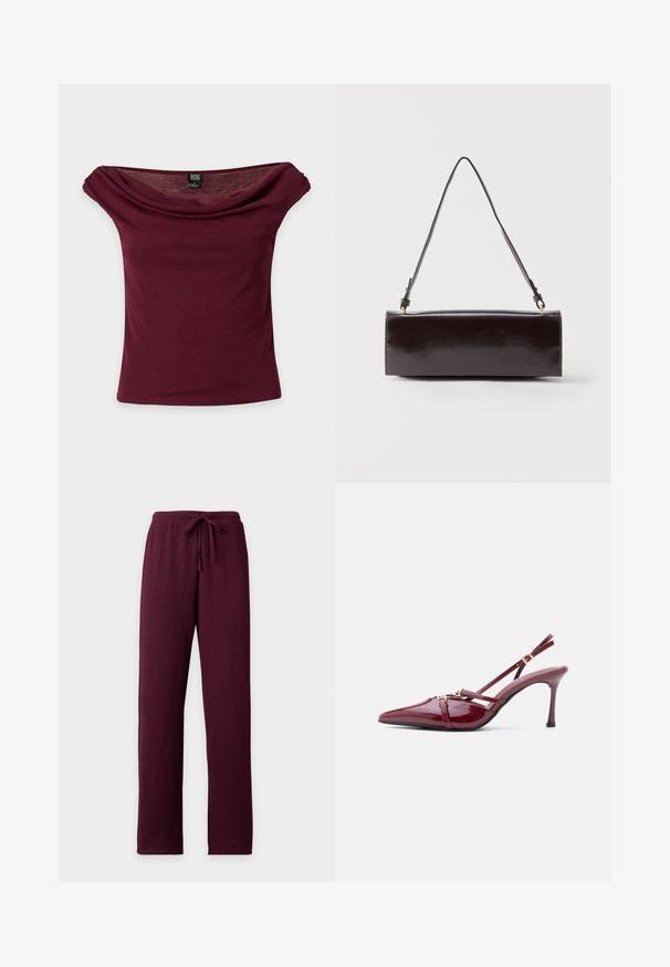 Bourgogne off-shoulder top med korte ærmer, draperet halsudskæring og BDG mærke på ensfarvet baggrund.; Mørkerøde teksturerede bukser med lige ben og en elastisk linning med en matchende snøre.; Skinnende bordeauxrød højhælet slingback-sko med spids tå og dobbelte tynde remme med små spænder i guldfarve.; Rektangulær sort læderhåndtaske med en enkelt lang rem og blank finish, vist mod en ensfarvet hvid baggrund.