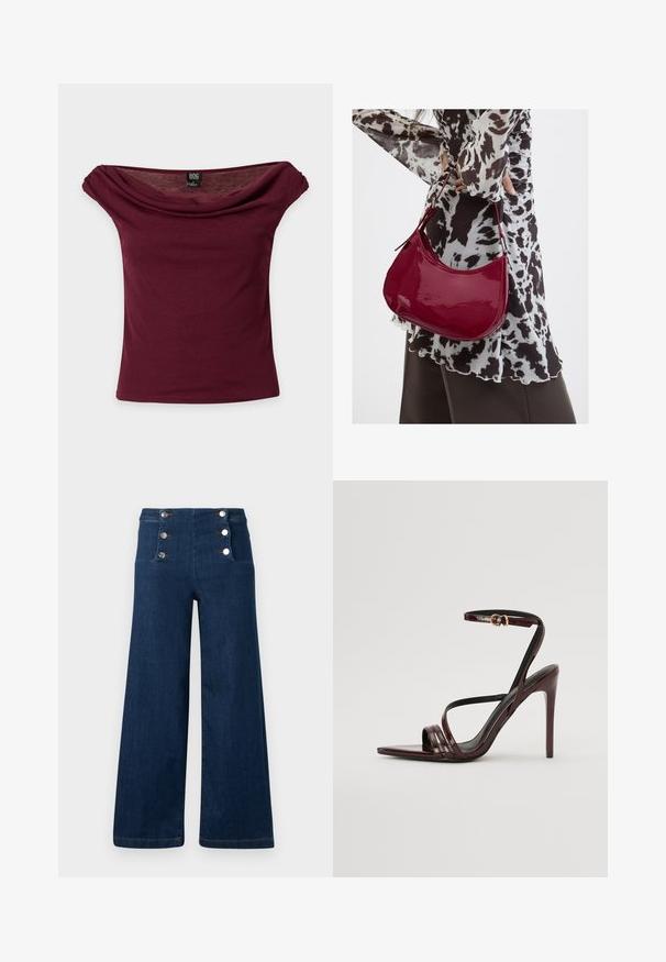 Bourgogne off-shoulder top med korte ærmer, draperet halsudskæring og BDG mærke på ensfarvet baggrund.; Vidtbens mørkeblå denim bukser med høj talje og to lodrette rækker sølvknapper foran.; Bordeaux laker læder højhælede sandal med ankelrem, spids tå og tre vandrette remme over foden. Detalje med spænde i guldtonet.; Kvinde iført en sort- og hvidmønstret bluse, der holder en blank rød skuldertaske mod en ensfarvet baggrund.