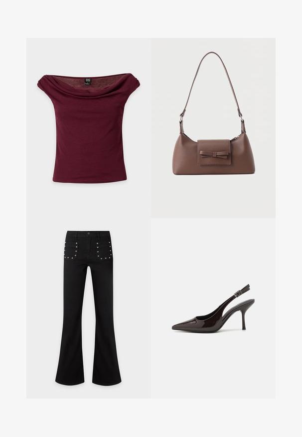 Top burdeos sin hombros con mangas cortas, escote drapeado y etiqueta de la marca BDG sobre fondo liso.; Pantalones negros acampanados con bolsillos delanteros decorados con tachuelas plateadas espaciadas uniformemente y cierre de botón y cremallera.; Zapato de tacón alto tipo slingback en piel sintética brillante de color marrón oscuro, con punta afilada, laterales abiertos y correa ajustable en el tobillo.; Bolso bandolera de cuero marrón con un bolsillo frontal de solapa que presenta un detalle de moño cosido y una correa ajustable.