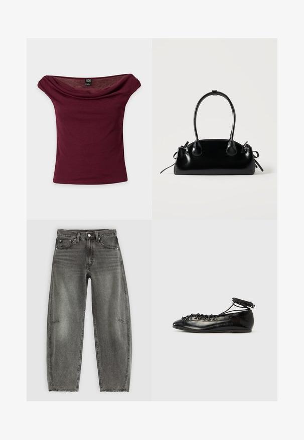 Bordeauxkleurige off-shoulder top met korte mouwen, gedrapeerde halslijn en BDG-merkenlabel op een effen achtergrond.; Hoge taille grijs gewassen denim jeans met vijf zakken, knoopsluiting en een ontspannen rechte pasvorm.; Zwarte ballerina's van lakleer met een afgeronde neus, veterdesign en een platte zool. Glad oppervlak met minimale details.; Kleine zwarte glanzende handtas met twee lange hengsels en zijkant trekkoord details op een effen lichte achtergrond.