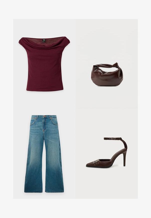 Burgunderrotes Off-Shoulder-Top mit kurzen Ärmeln, drapiertem Ausschnitt und BDG Markenetikett auf einfarbigem Hintergrund.; Hochtaillierte blaue Jeans aus Denim mit weitem Bein, frontalen Taschen, Knopfverschluss und einem verblassten Farbverlauf von der Taille bis zum Saum.; Brauner Lederhochabsatzschuh mit spitzer Zehe, drei kleinen silbernen Schnallen vorne und verstellbarem Knöchelriemen mit Schnalle.; Dunkelbraune Lederschultertasche mit weicher, lockerer Form und einem gedrehten Knotengriff vor schlichtem weißem Hintergrund.
