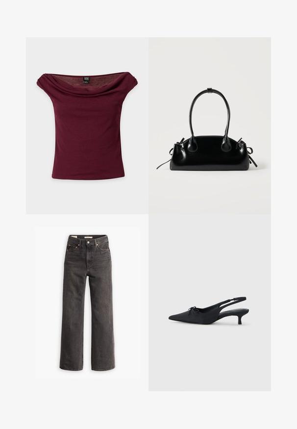Top burdeos sin hombros con mangas cortas, escote drapeado y etiqueta de la marca BDG sobre fondo liso.; Jeans de tiro alto y pierna ancha en denim gris oscuro, con bolsillos frontales, remaches de cobre en contraste y un acabado limpio sin adornos.; Tacones negros de tipo slingback con puntera puntiaguda, tejido texturizado, un pequeño lazo en la parte frontal y un tacón kitten modesto.; Pequeño bolso negro brillante con dos asas largas y detalles de cordón lateral sobre un fondo claro liso.