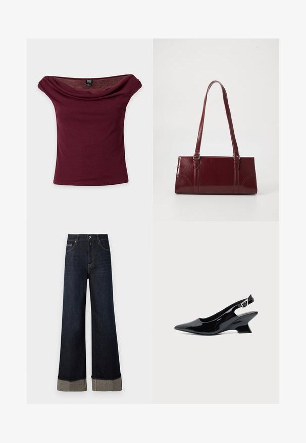 Bourgogne off-shoulder top med korte ærmer, draperet halsudskæring og BDG mærke på ensfarvet baggrund.; Mørkeblå højtsiddende vide jeans med rå kant, der har lysebrune syninger og en foldet kant, som afslører kontrasterende stof.; Sort laklæder slingback sko med spids tå og lav vinklet blokhæl på ensartet lys baggrund.; Bordeaux håndtaske lavet af glansfuldt materiale, rektangulær form, med to skulderremme og subtile buede detaljer på forsiden.